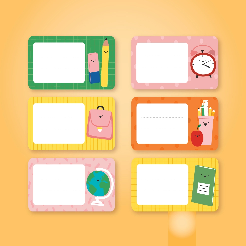  Set Of School Labels With School Items Design, Add Your Name In The Request Box 